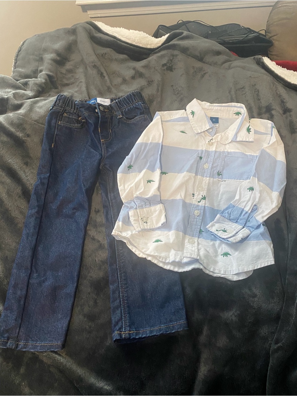 Old Navy Boys' Blue & White Striped Button-Down Shirt with Straight Leg Jeans 3T